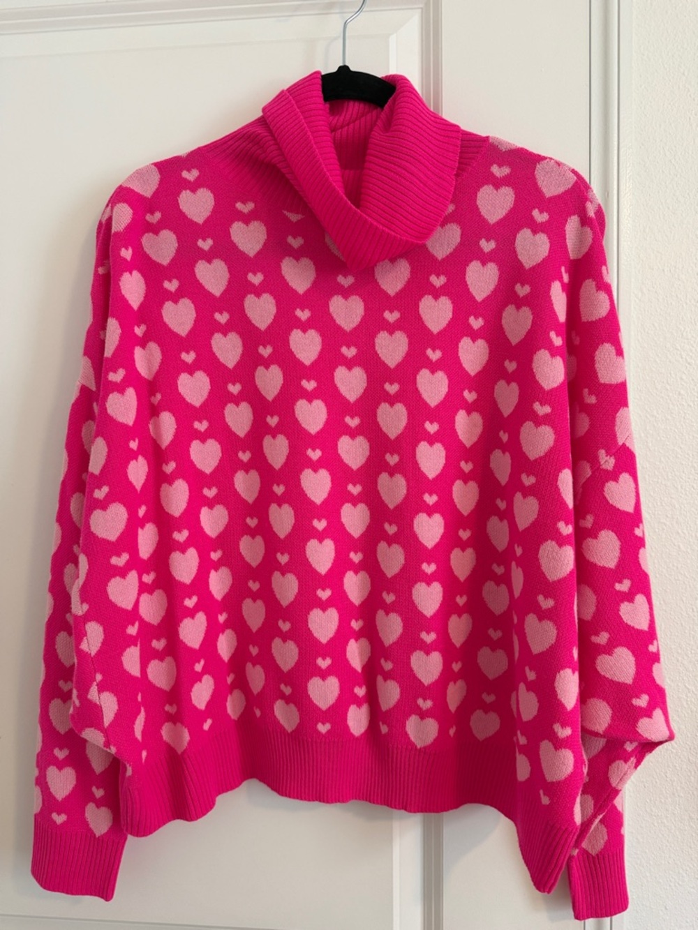 Women’s Hot Pink Heart Print Turtleneck Sweater